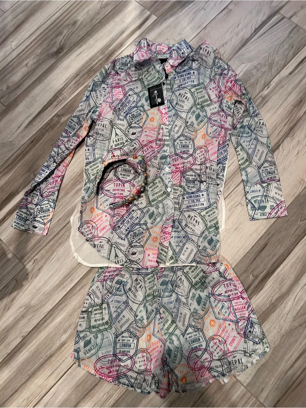 Brianna Canon Vacation Mode Sheer Travel Shirt & Printed Shorts Set - Multicolor